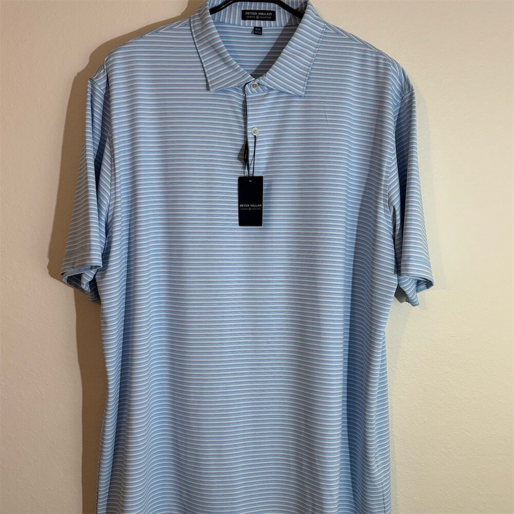 Peter Millar Crown Crafted Polo Shirt Mens 2XL Blue Striped Golf Short